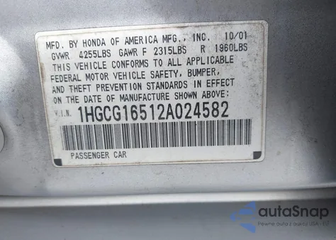 2002 Honda Accord 3.0 Ex z USA, uszkodzony, nr VIN 1HGCG16512A024582